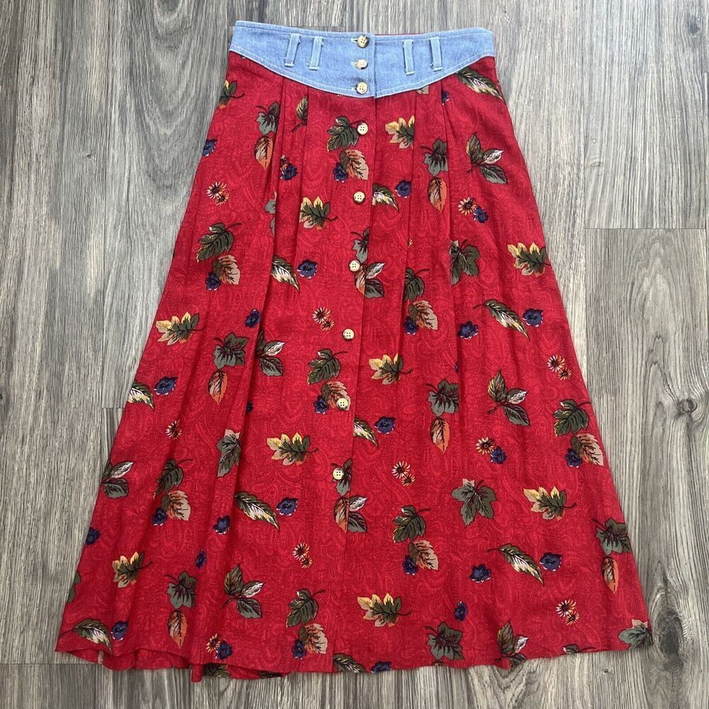 New Look Petites Vintage Long Button Front Skirt Red Floral Print Size Medium